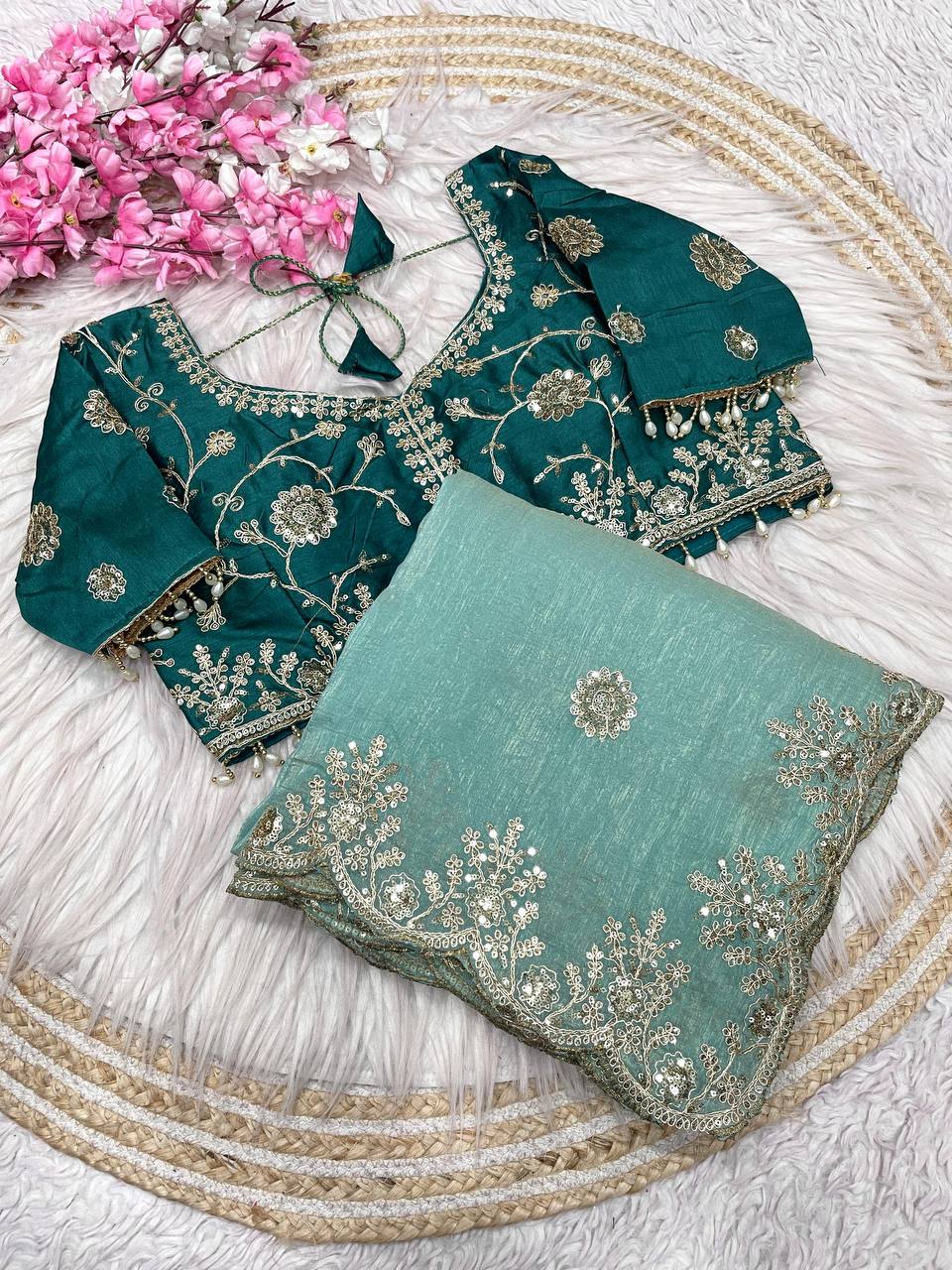 New Designer NC Vichitra Two Tone Teal Green Saree With Sequence Coding Embroidery Work