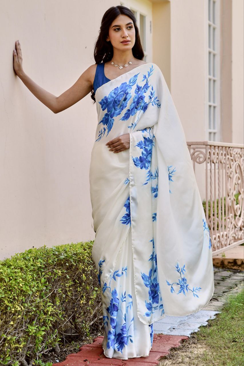 New Designer Premium Blue Flower Printed Saree