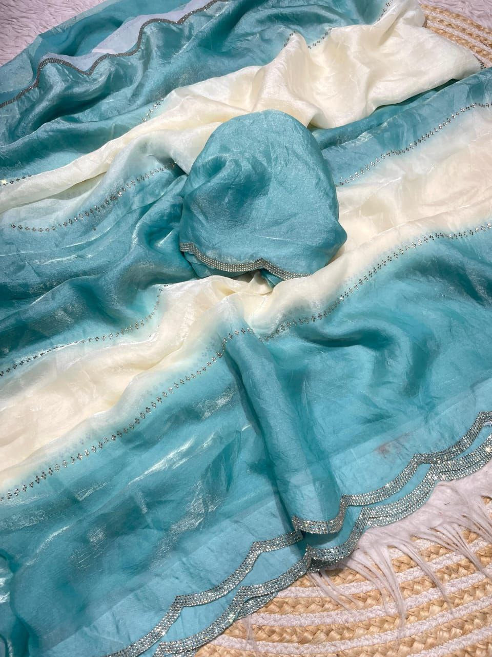 New Designer Fandy Sattin Panding Saree With Jarkhan Work - Ocean Blue