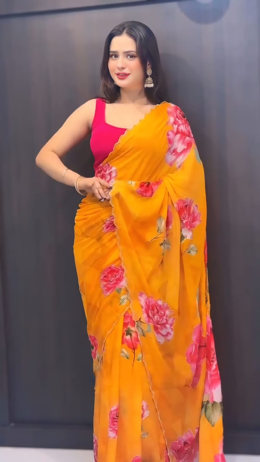 New One Minute Ready To Wear Pure Georgette Silk Yellow Saree With Beautiful Cutdana Handwork With Unstiched Blouse Piece