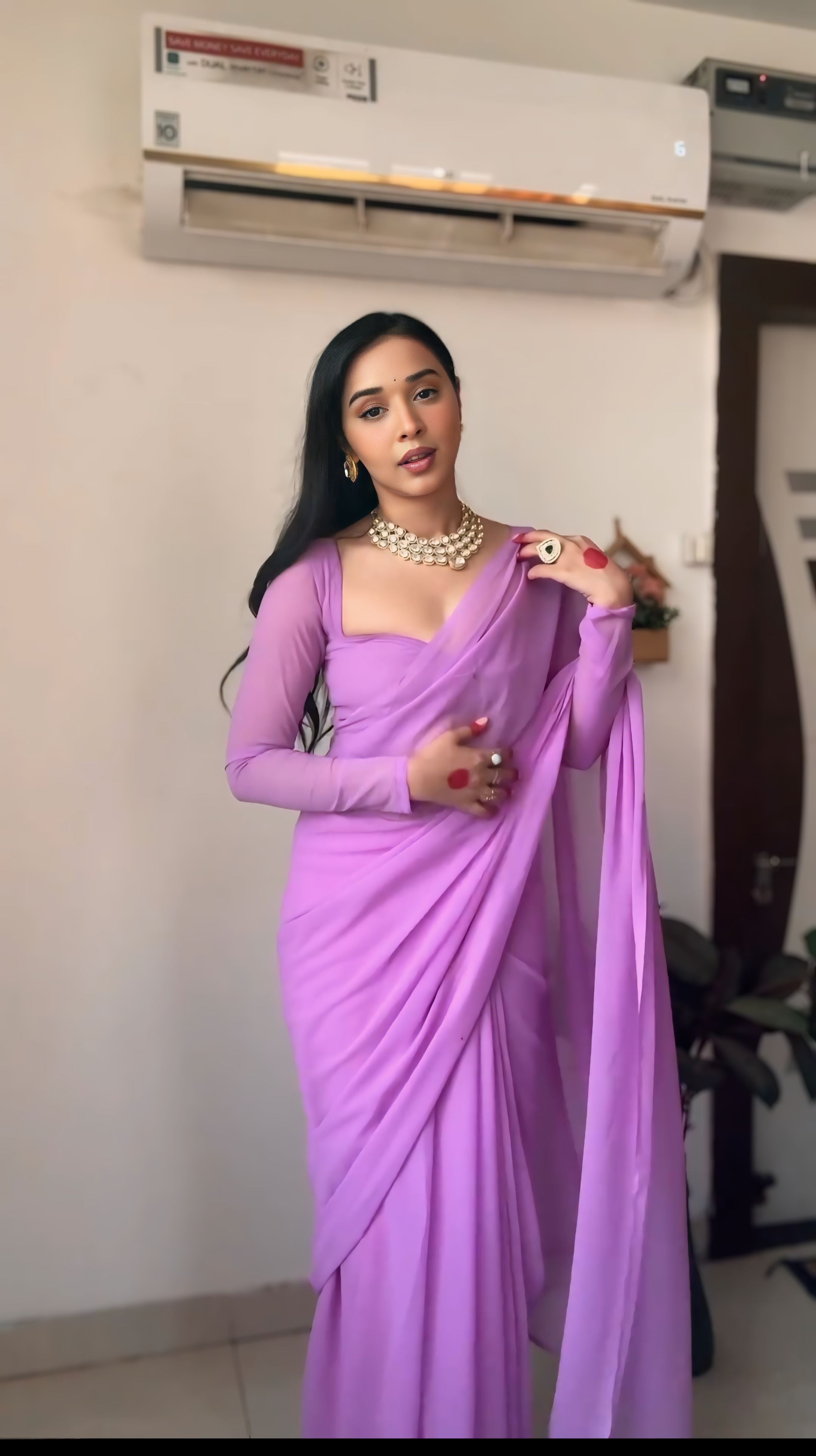 New One Minute Ready Wear Plain Lavender Georgette Saree