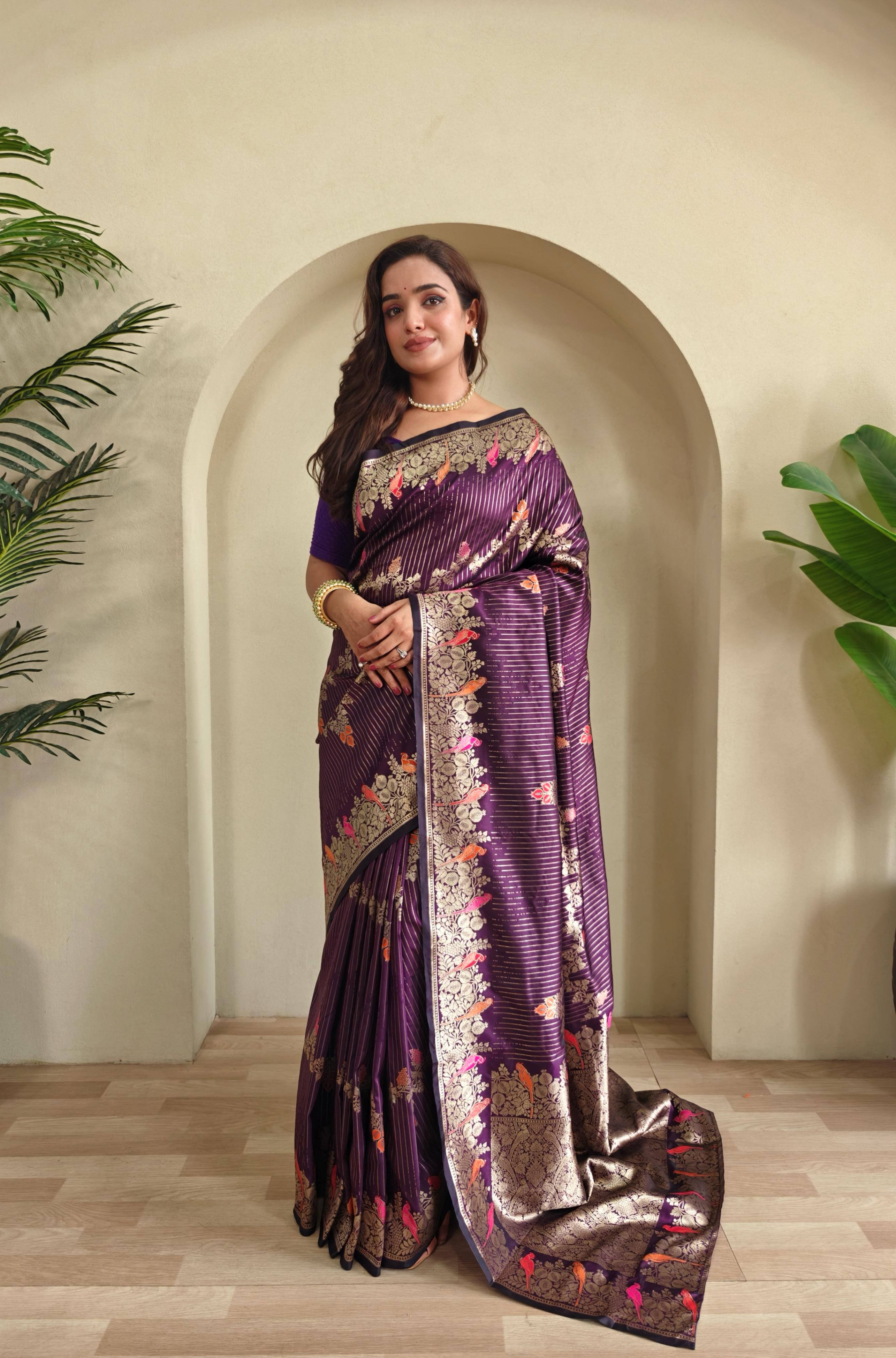 New Designer Banarasi Mushro Satin Silk Zari Weaved Dark Purple Saree With Unstiched Blouse Piece