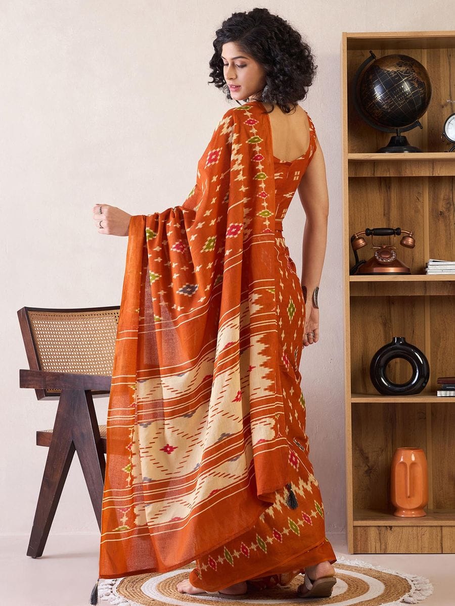 New One Minute Ready To Wear  Pure Soft Mul Cotton Silk Orange Saree With  Pocket Along With Running Unstiched Blouse Piece