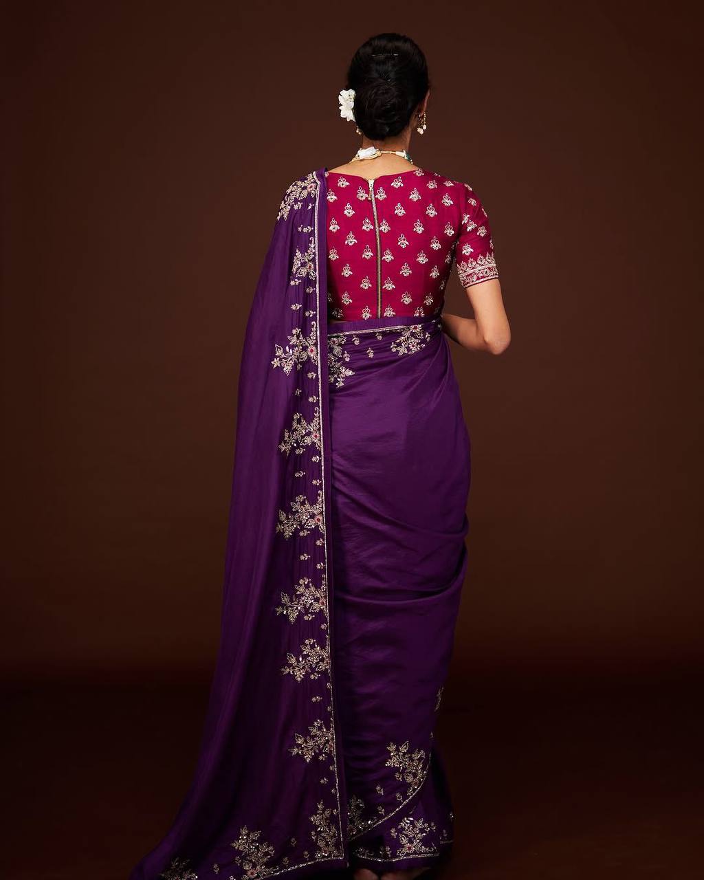 New Designer Natural Chinnon Purple Saree With Coding Sequence Embroidery Work