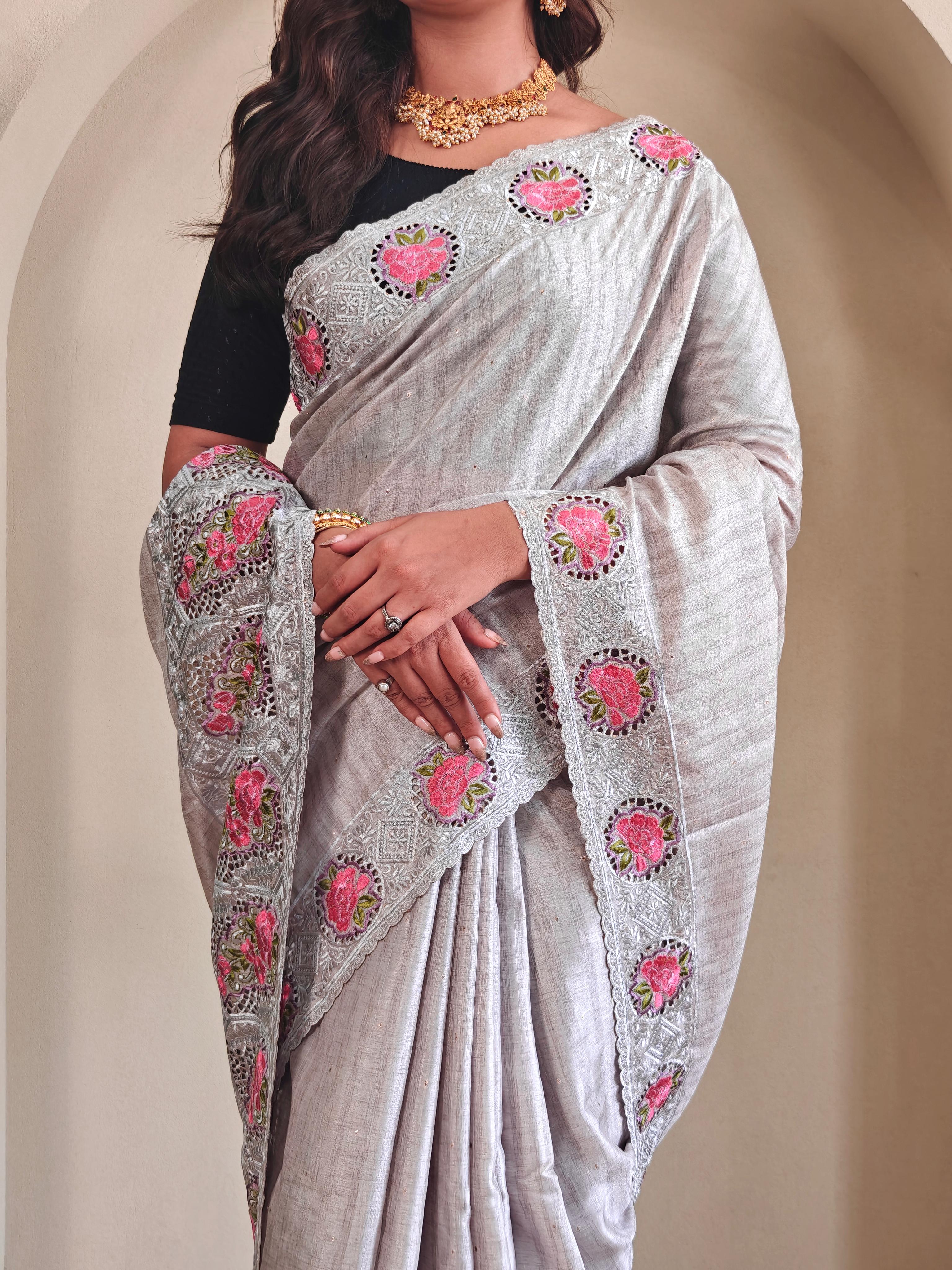 New Designer Soft Tussur Silk Grey Saree With Super Fine Embroidered Pattern With Running Unstiched Blouse Piece