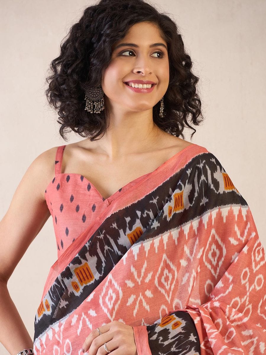 New One Minute Ready To Wear Flower Designed Pure Soft Mul Cotton Silk Peach Saree With  Pocket Along With Same Model  Unstiched Blouse Piece