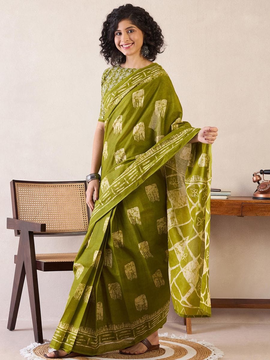 New One Minute Ready To Wear  Pure Soft Mul Cotton Silk Parrot Green Saree With  Pocket Along With Running Unstiched Blouse Piece