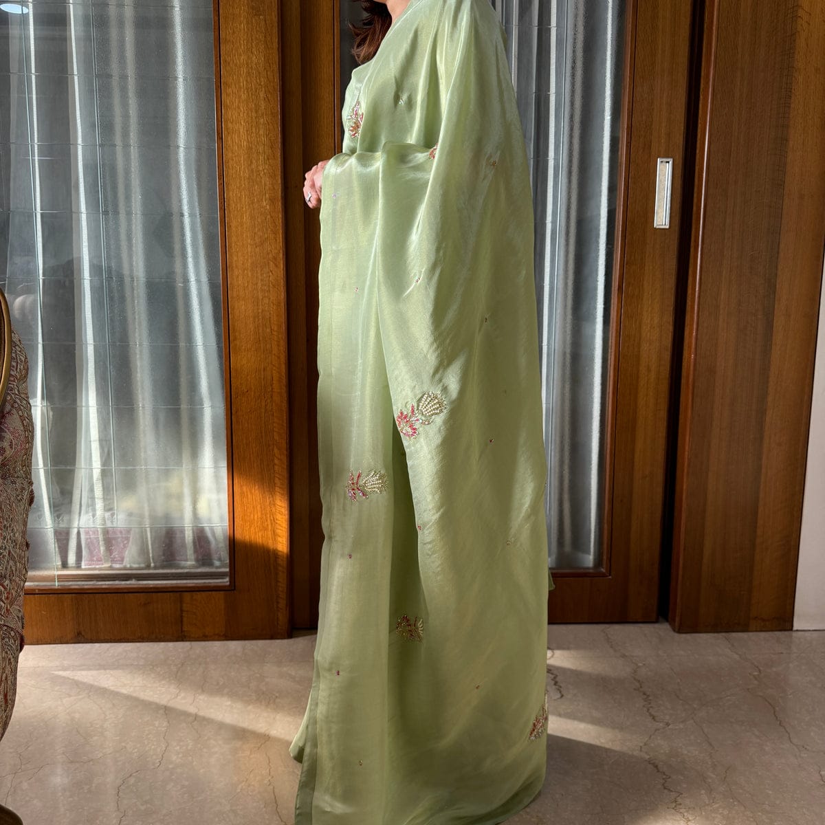 New One Minute Ready To Wear Pure Soft Malai Satin Silk Saree With Beautiful Hand worked Flower with Same Model Patern Stiched Blouse