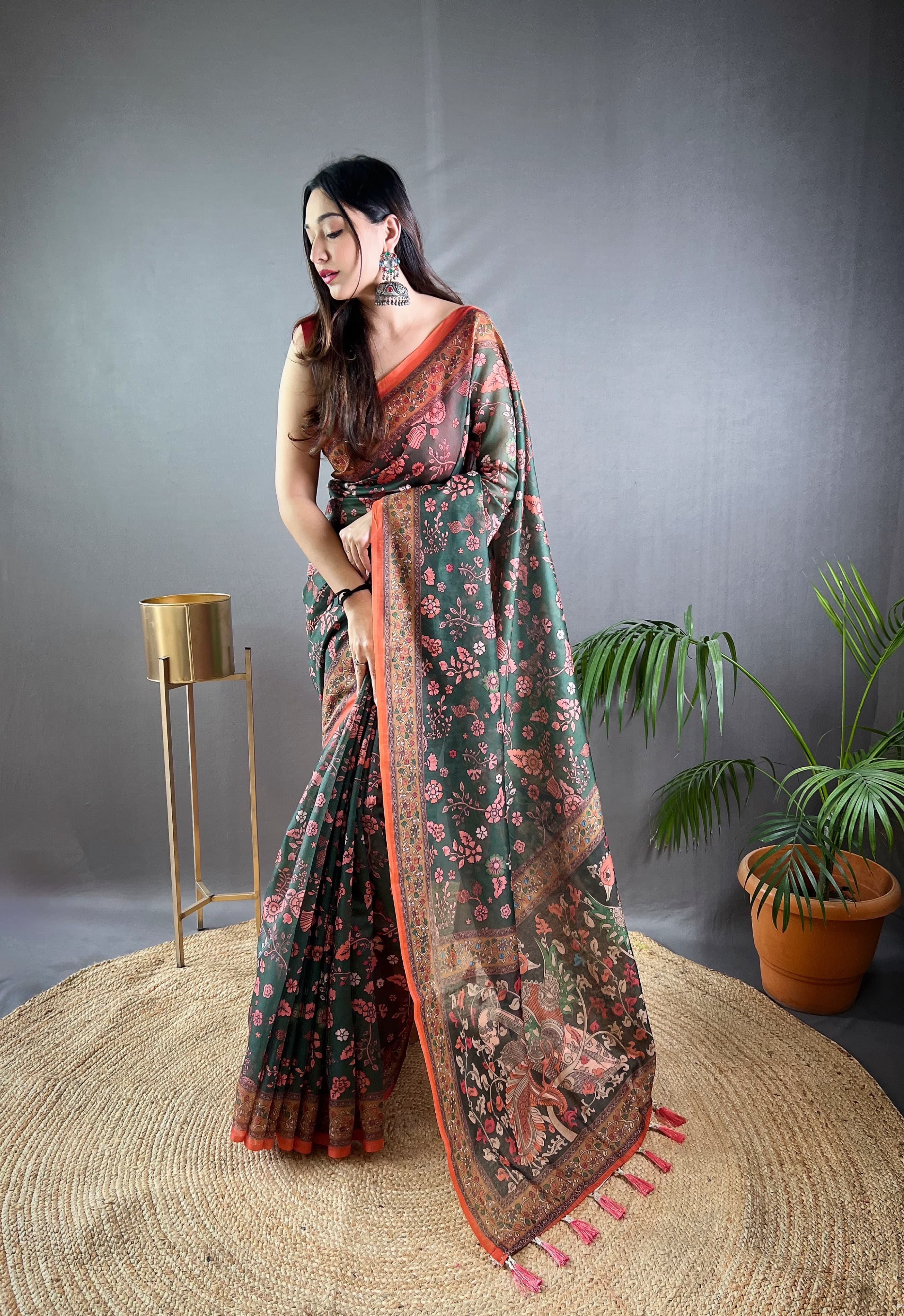 New Designer Pure Malai Cotton Saree With Beautiful Kalamkari Prints Along With Contras Big Pallu With Tussels - Dark Green