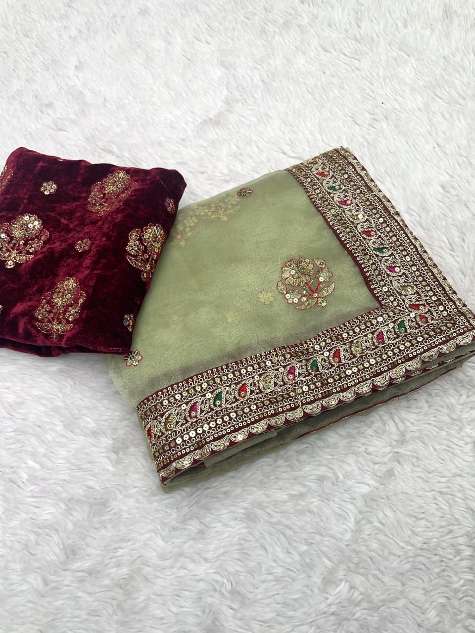 New Designer Soft Organza Silk Pista Saree