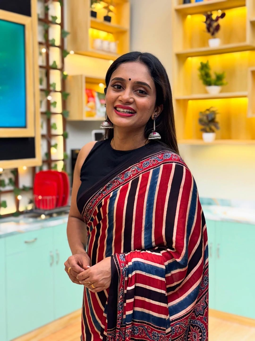 New One Minute Ready To Wear  Digital Printed Crape Silk Red-Black-Blue Saree