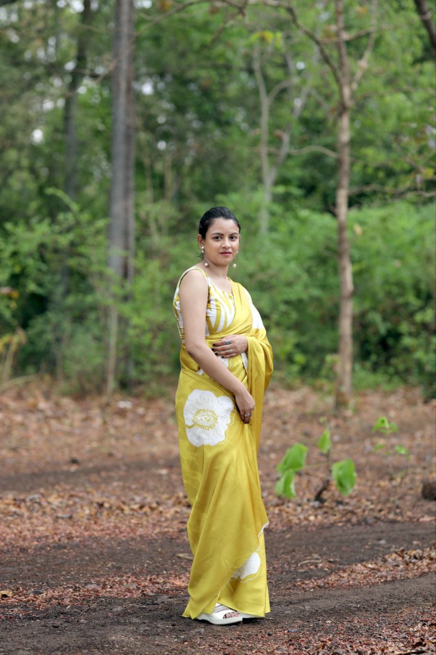 New Designer Original Japan Satin Flower Printed Yellow Saree With Digital Printed Unstiched Blouse Piece