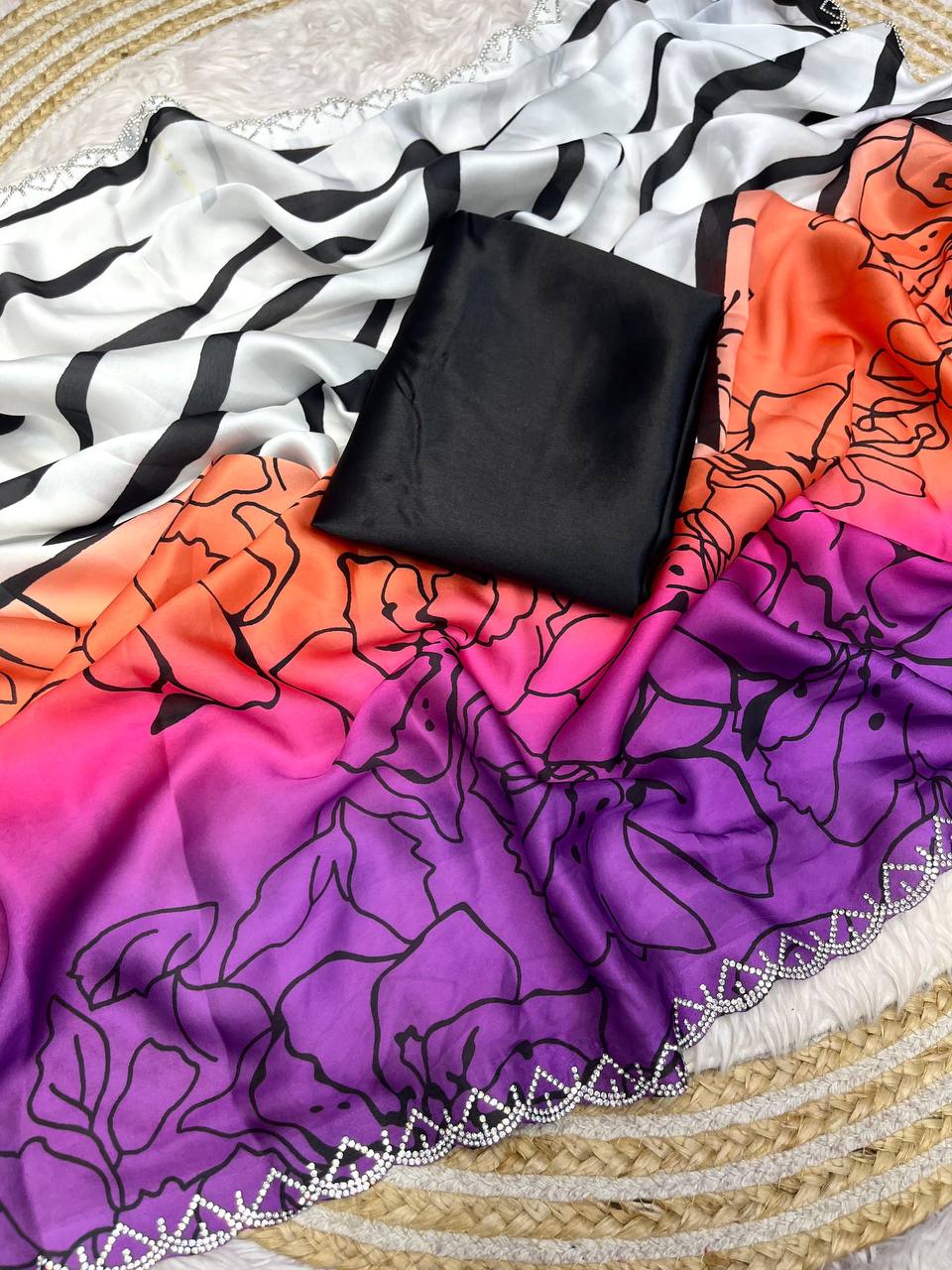 New Designer Bollywood Style Digital Printed Purple & Orange Shade Soft Sattin Georgette Saree