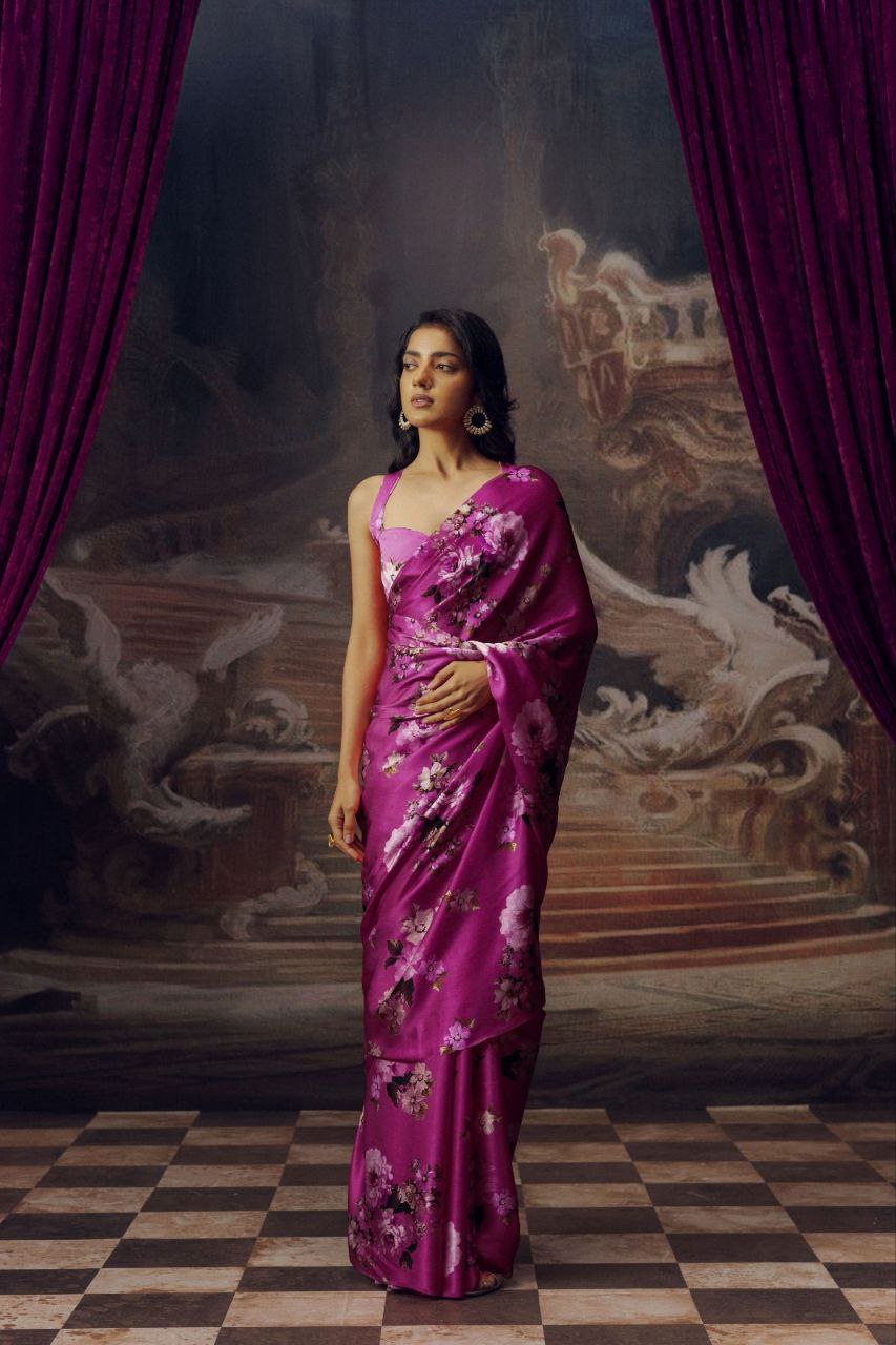 New Designer Premium Flower Printed Satin Purple Saree
