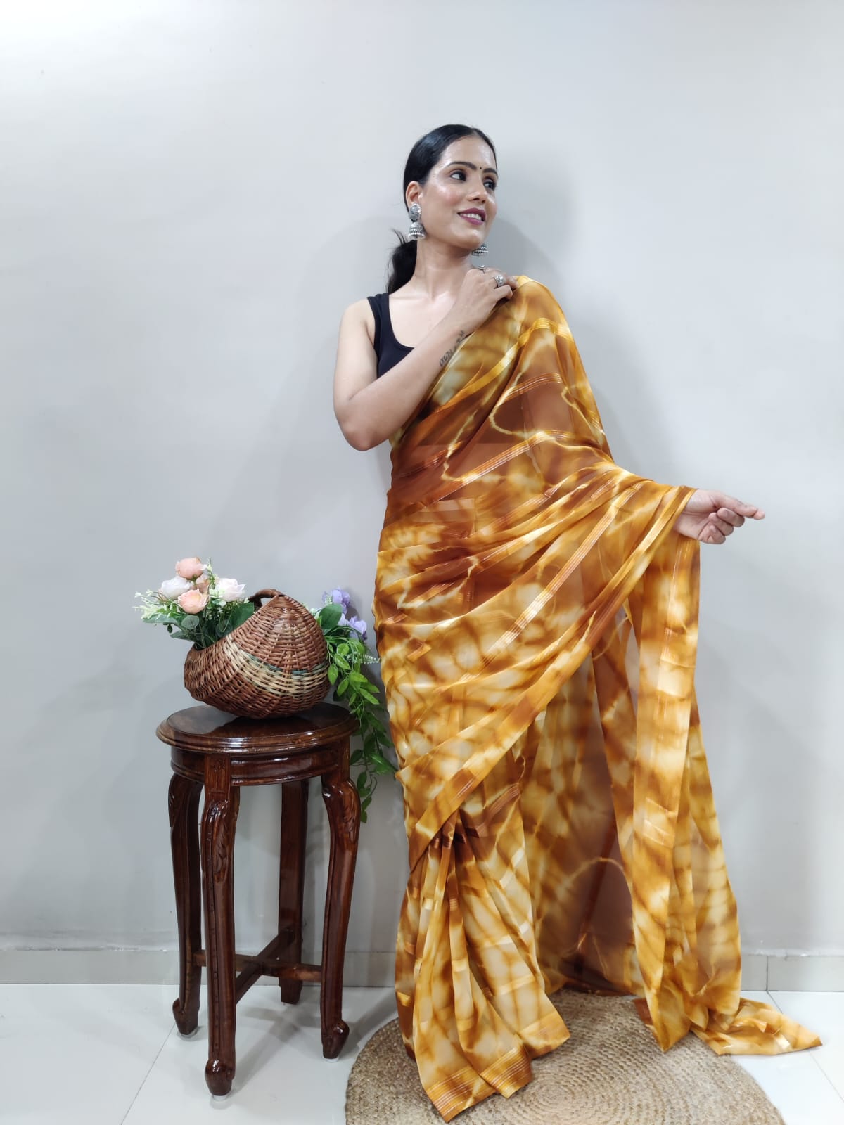 New One Minute Ready Wear Yellow Bandhani Georgette Saree