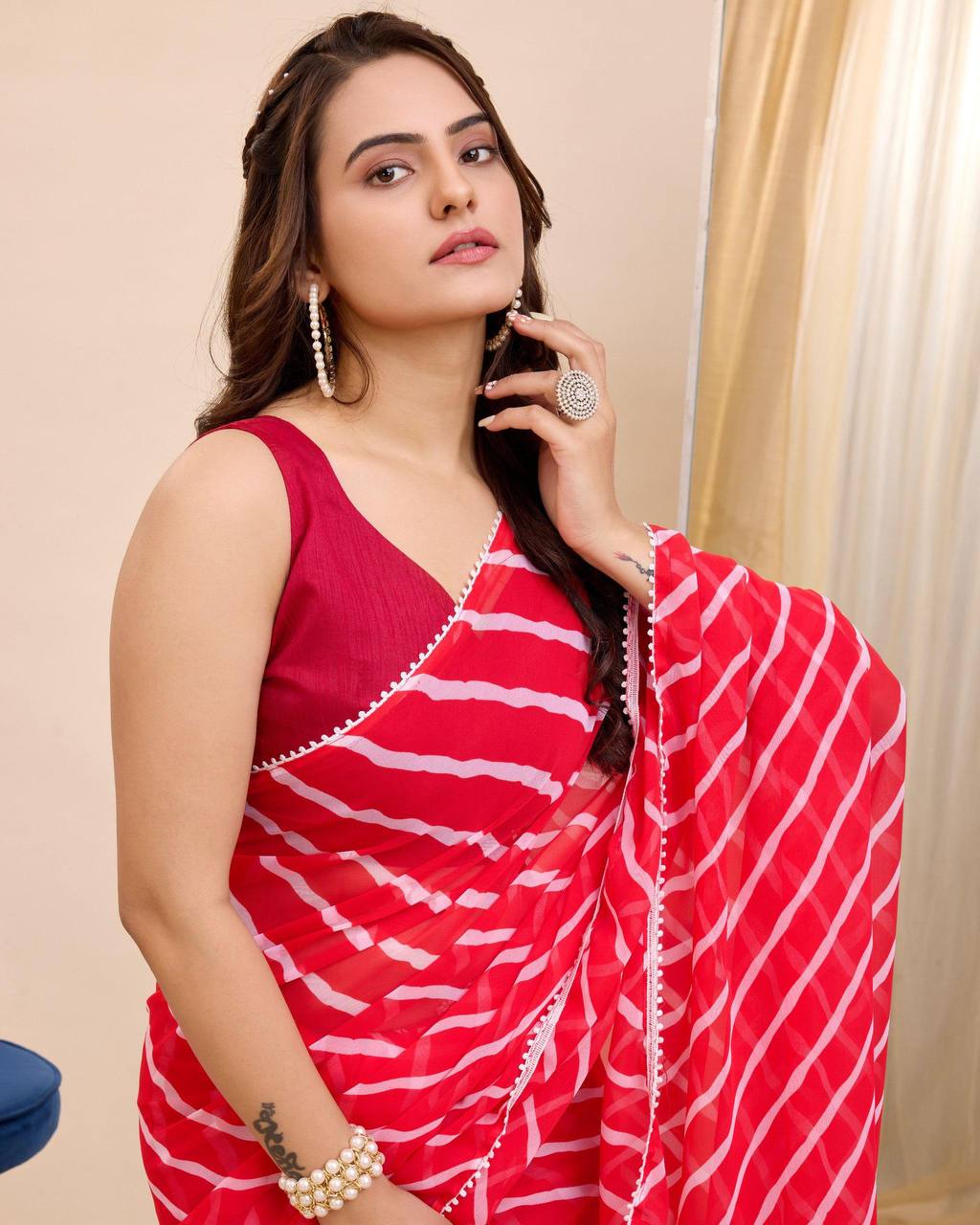 New One Minute Ready To Wear  Pure Soft Georgette Silk Leheriya Printed Red Saree With Same Model Unstiched Blouse