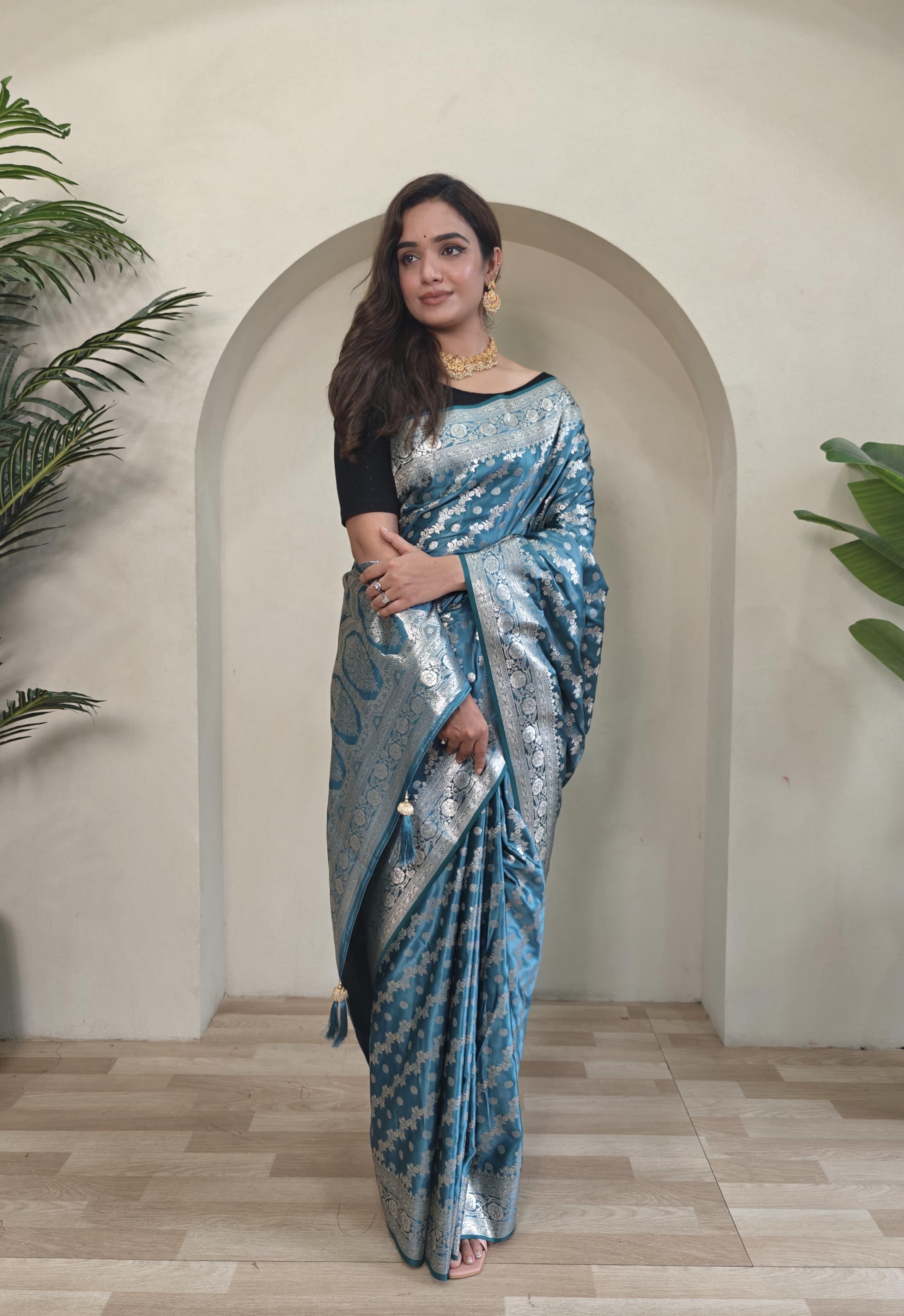 New Designer Leheriya Mushro Satin Silk Zari Weaved Light Blue Saree With Beautiful Tassels Along With Running Unstiched Blouse Piece