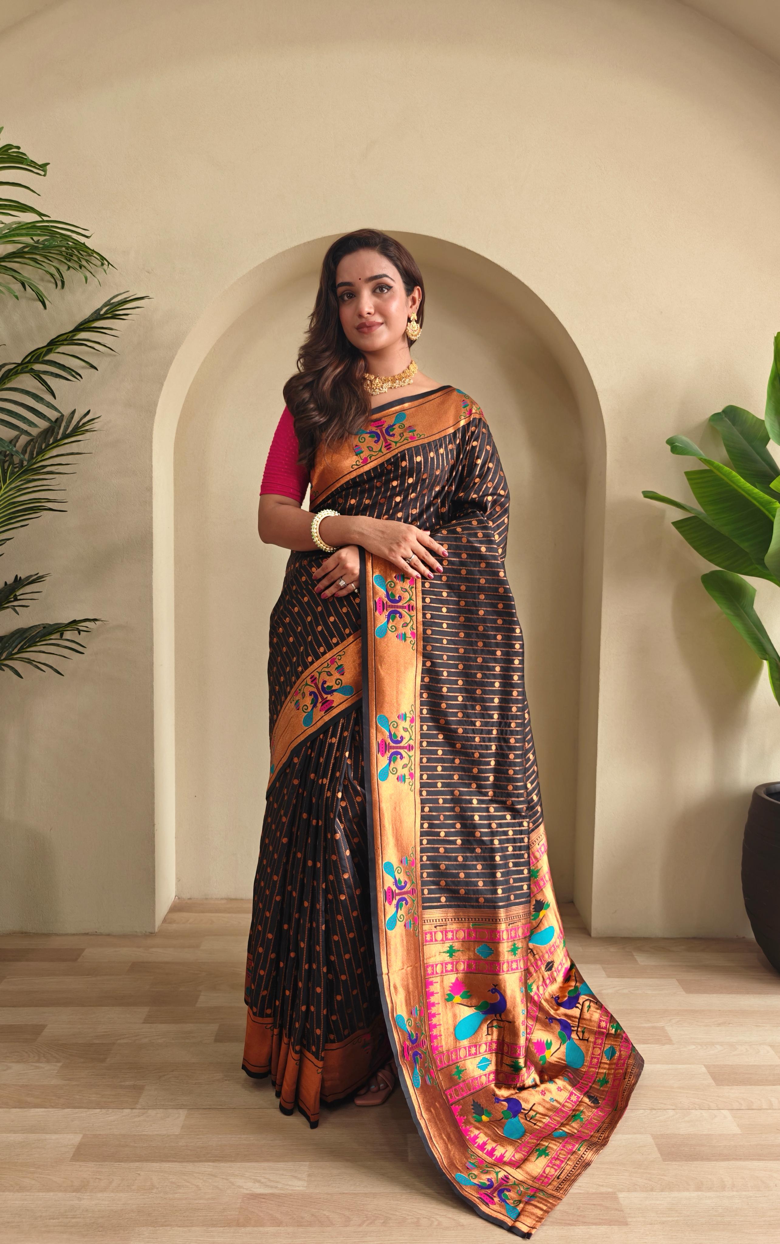 New Designer Premium Paithani Black Saree With Rich Weaved Paithani Pallu Along With All Over Polka Design With Contrast Unstiched Blouse Piece