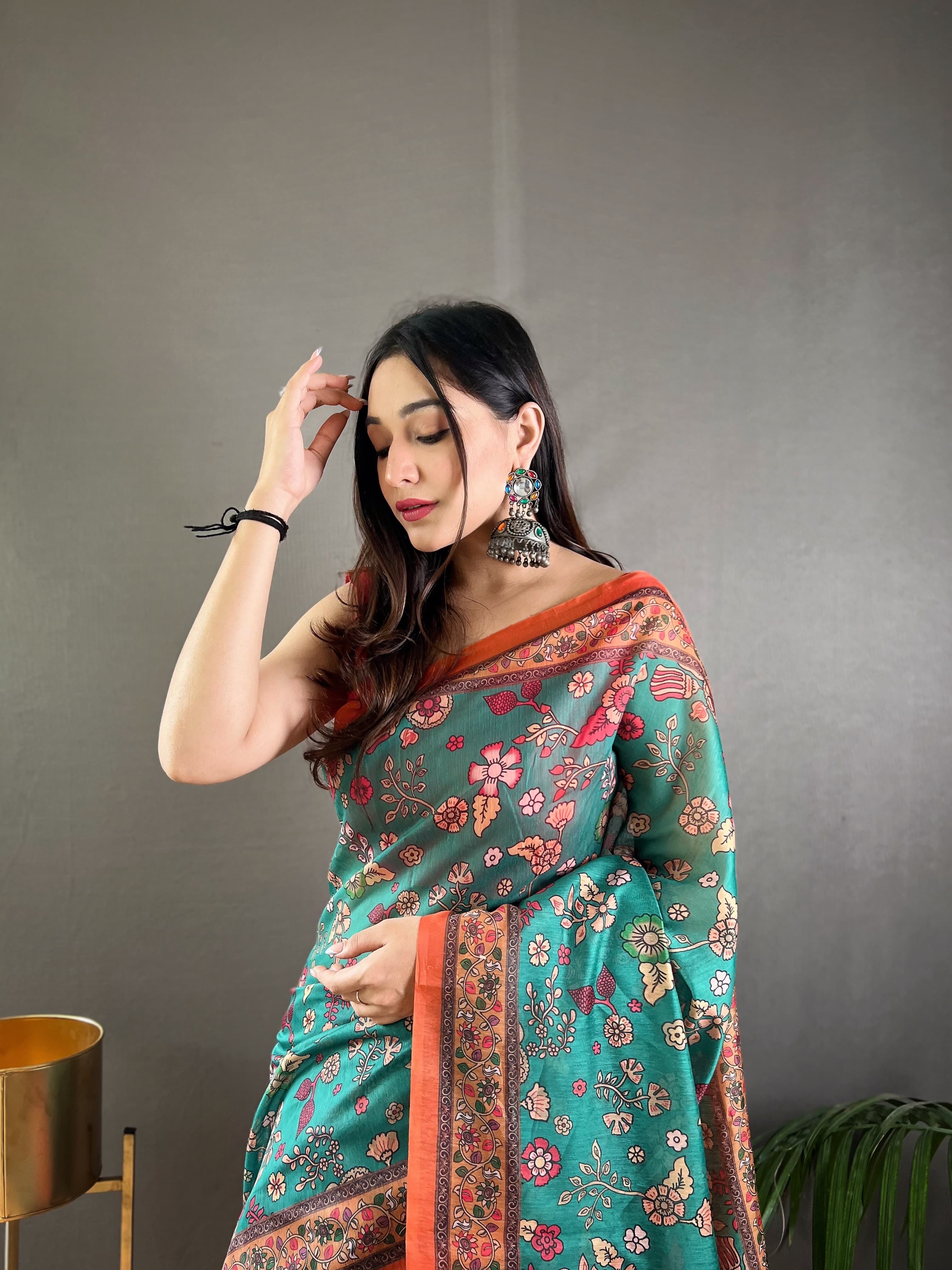 New Designer Pure Malai Cotton Saree With Beautiful Kalamkari Prints Along With Contras Big Pallu With Tussels - Teal