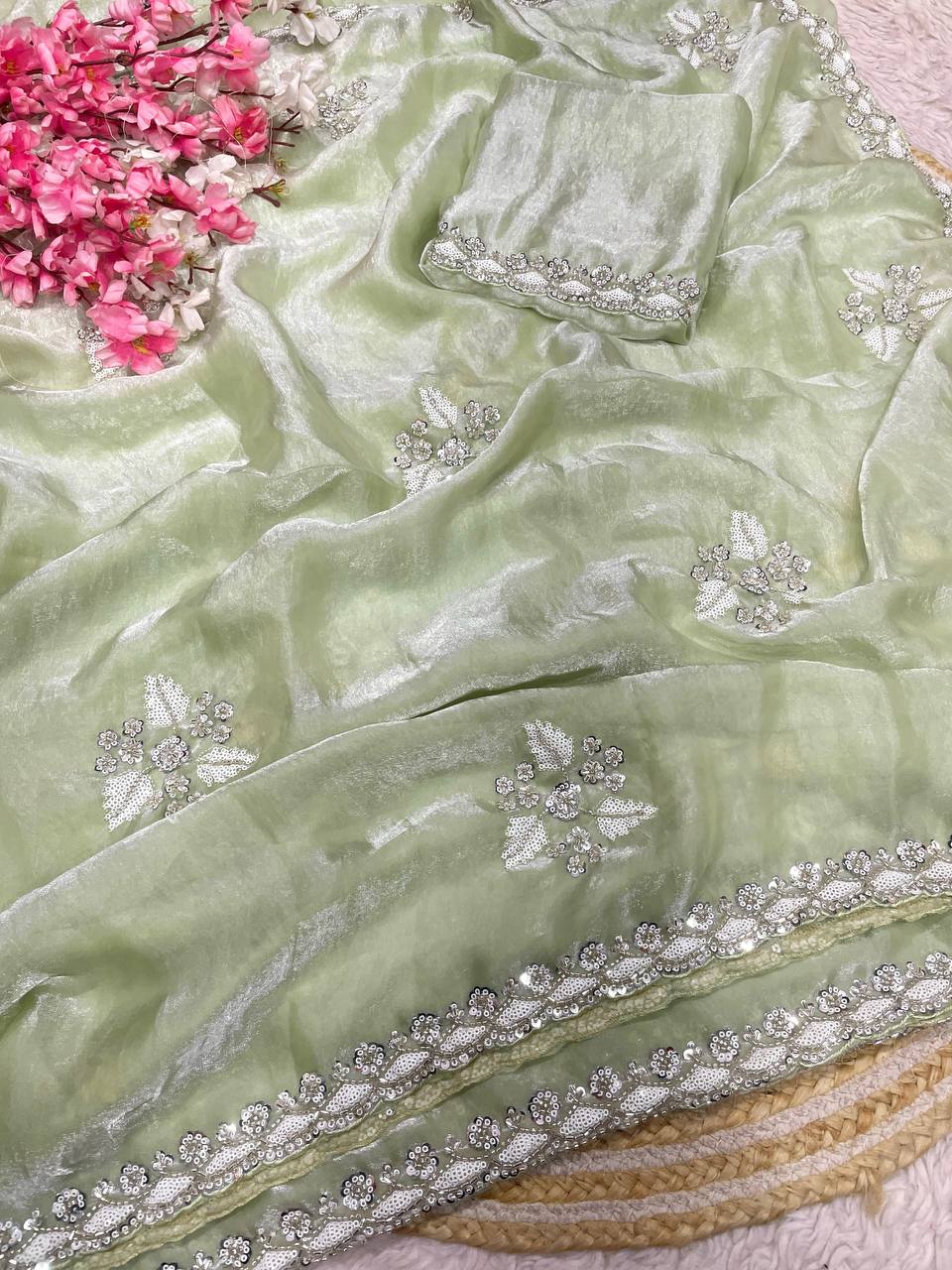 New Designer Fandy Sattin Saree With Brits Work - Pastel Green