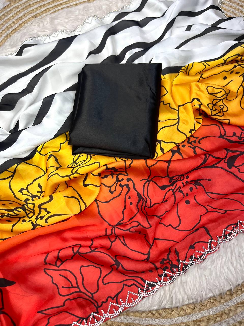 New Designer Bollywood Style Digital Printed Yellow & Orange Shade Soft Sattin Georgette Saree