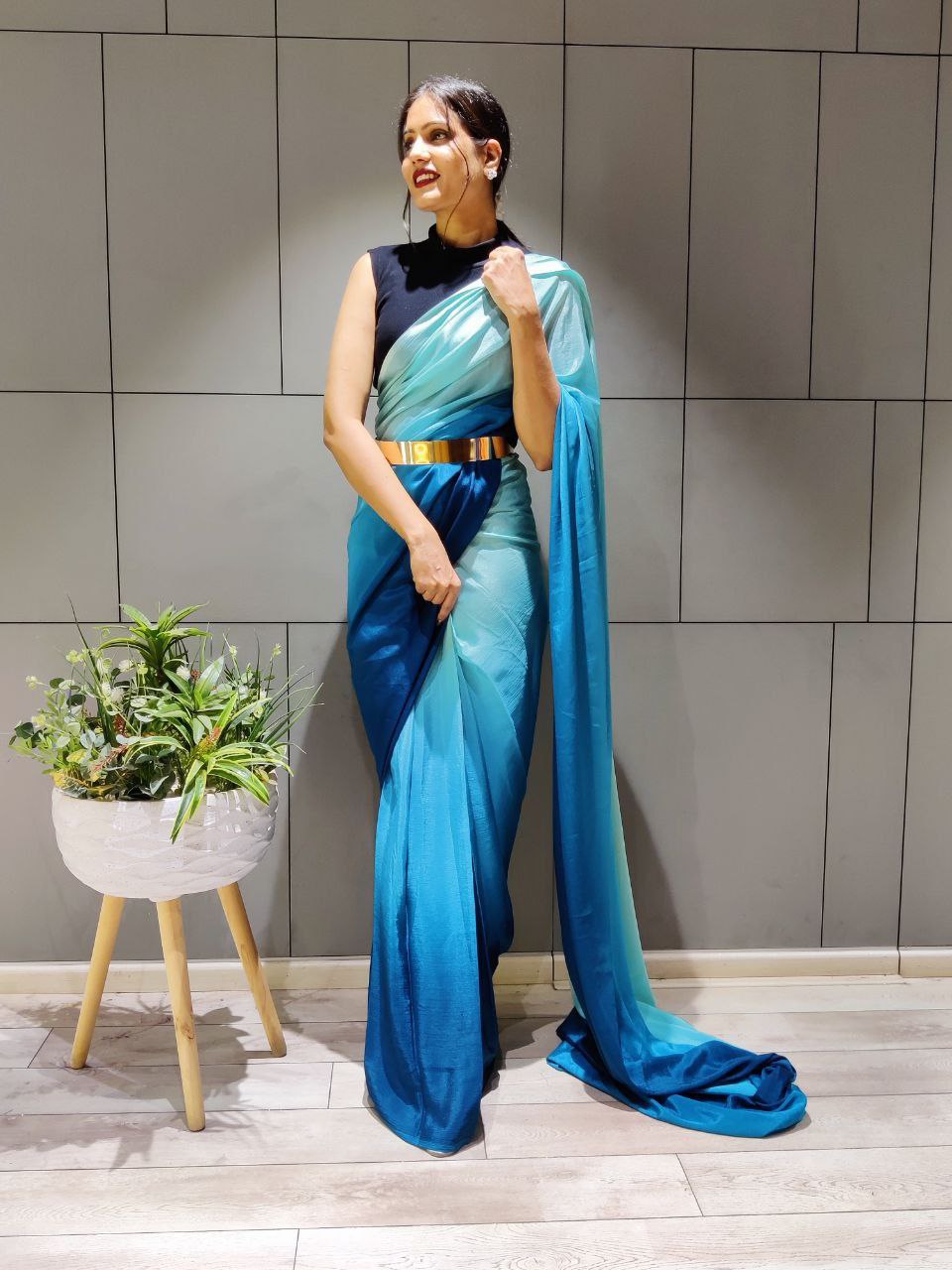 New One Minute Ready Wear Dual Blue Tone Georgette Saree