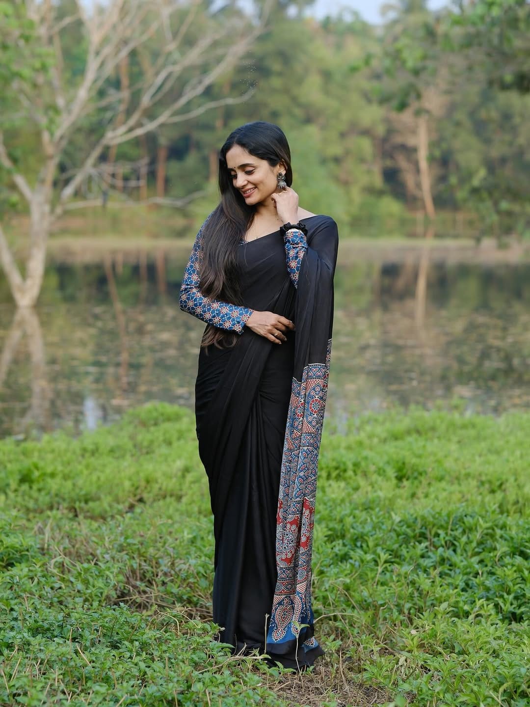 New One Minute Ready To Wear Digital Printed Crape Silk Black Saree