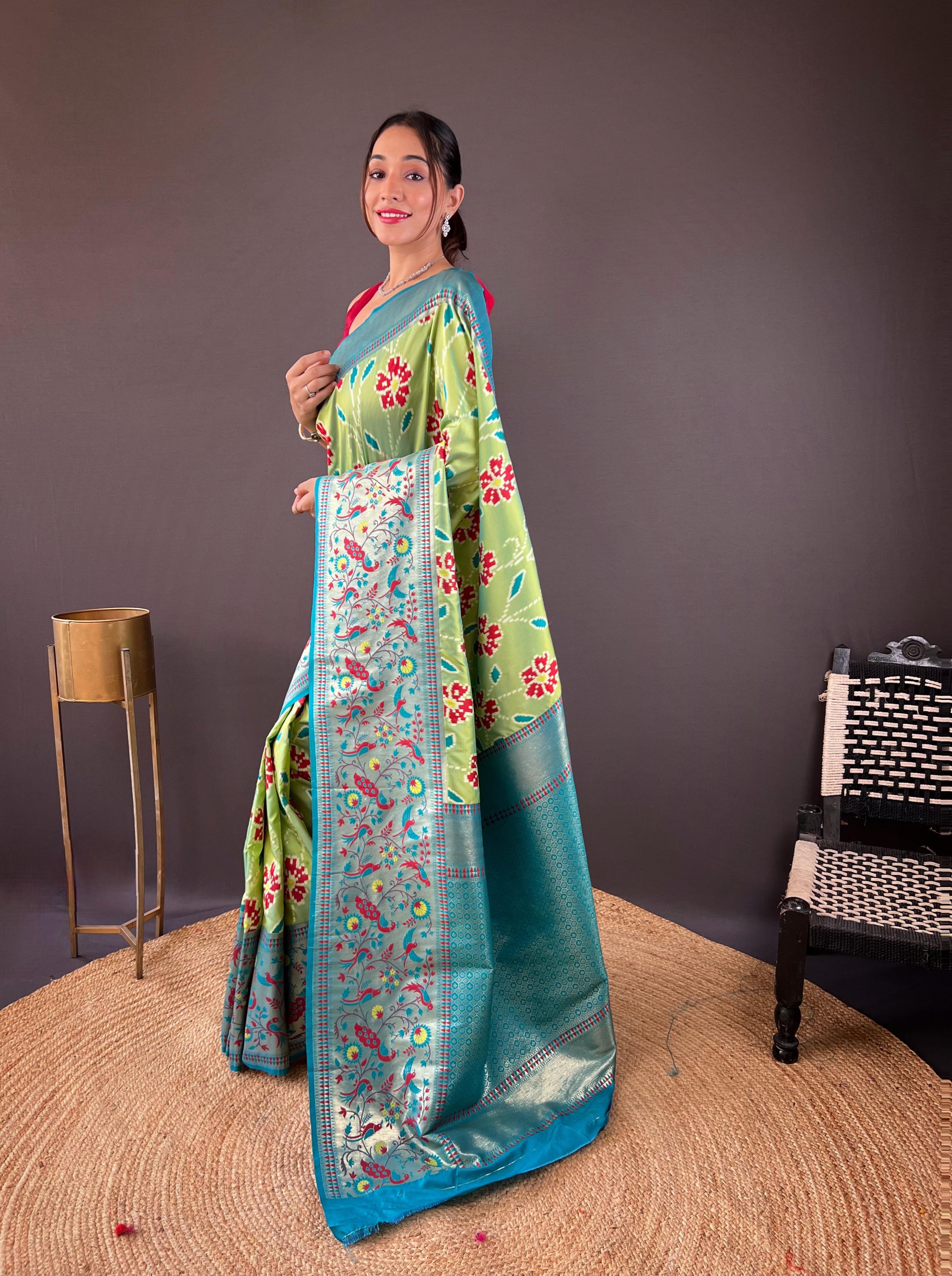 New Designer Premium Soft Silk Patola Weaved Parrot Green Saree With Unstiched Blouse Piece