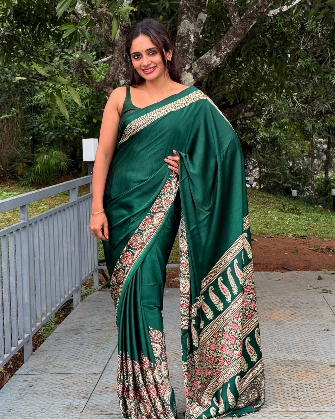 New One Minute Ready To Wear Digital Printed Crape Silk Bottle Green Saree