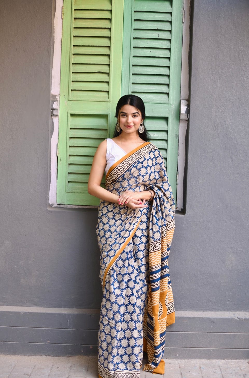New One Minute Ready To Wear flower Printed Pure Soft Mul Cotton Silk Blue-Yellow Saree With  Pocket