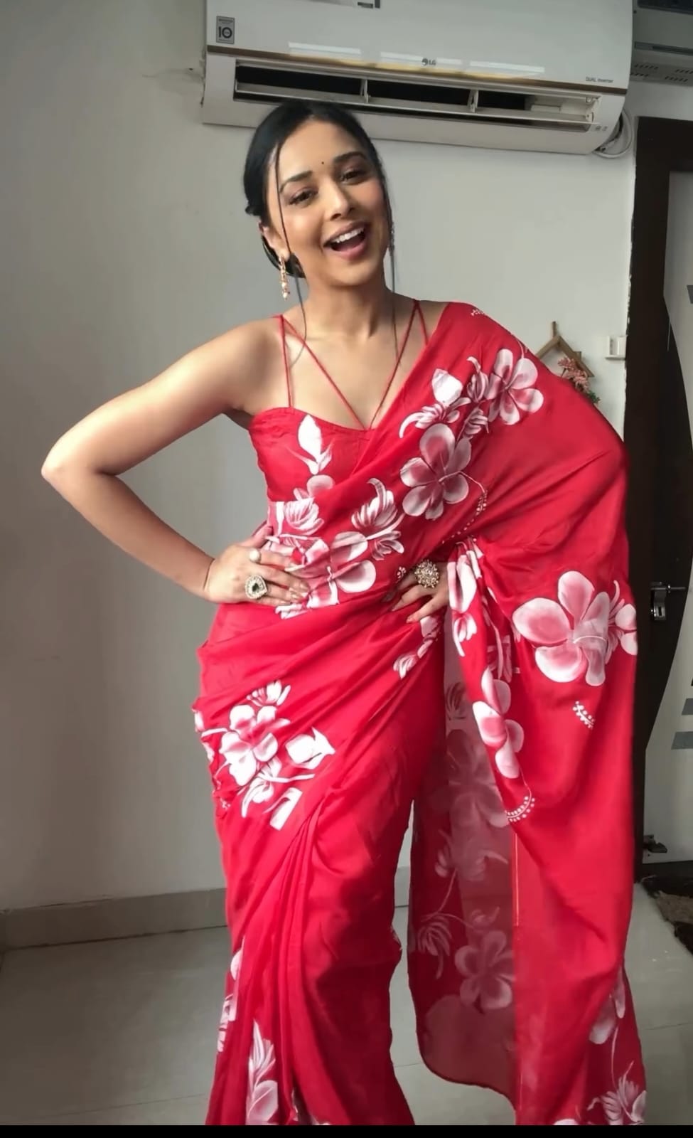 New One Minute Ready Wear Flower Printed Red Georgette Saree