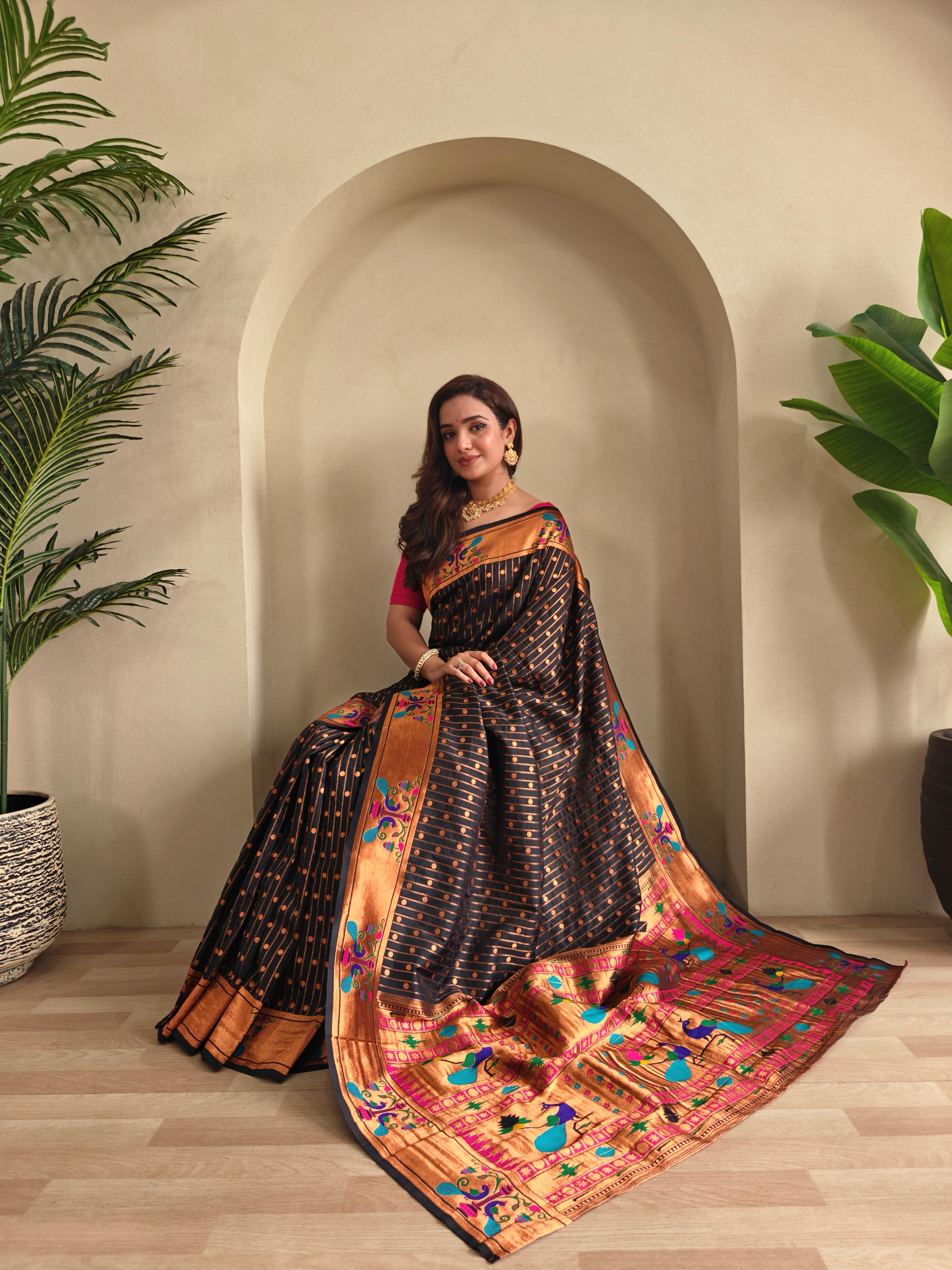 New Designer Premium Paithani Black Saree With Rich Weaved Paithani Pallu Along With All Over Polka Design With Contrast Unstiched Blouse Piece