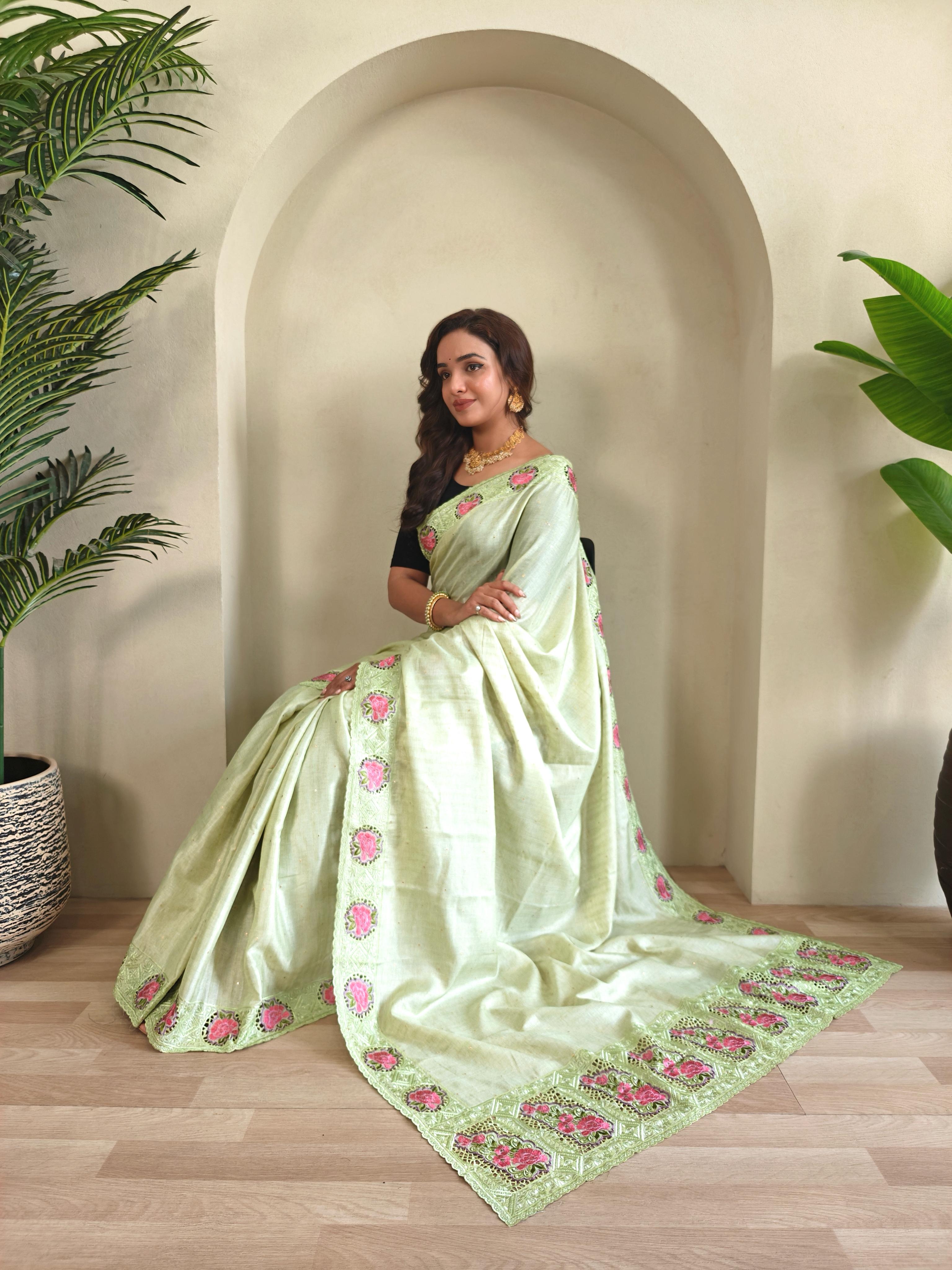 New Designer Soft Tussur Silk Pastel Green Saree With Super Fine Embroidered Pattern With Running Unstiched Blouse Piece
