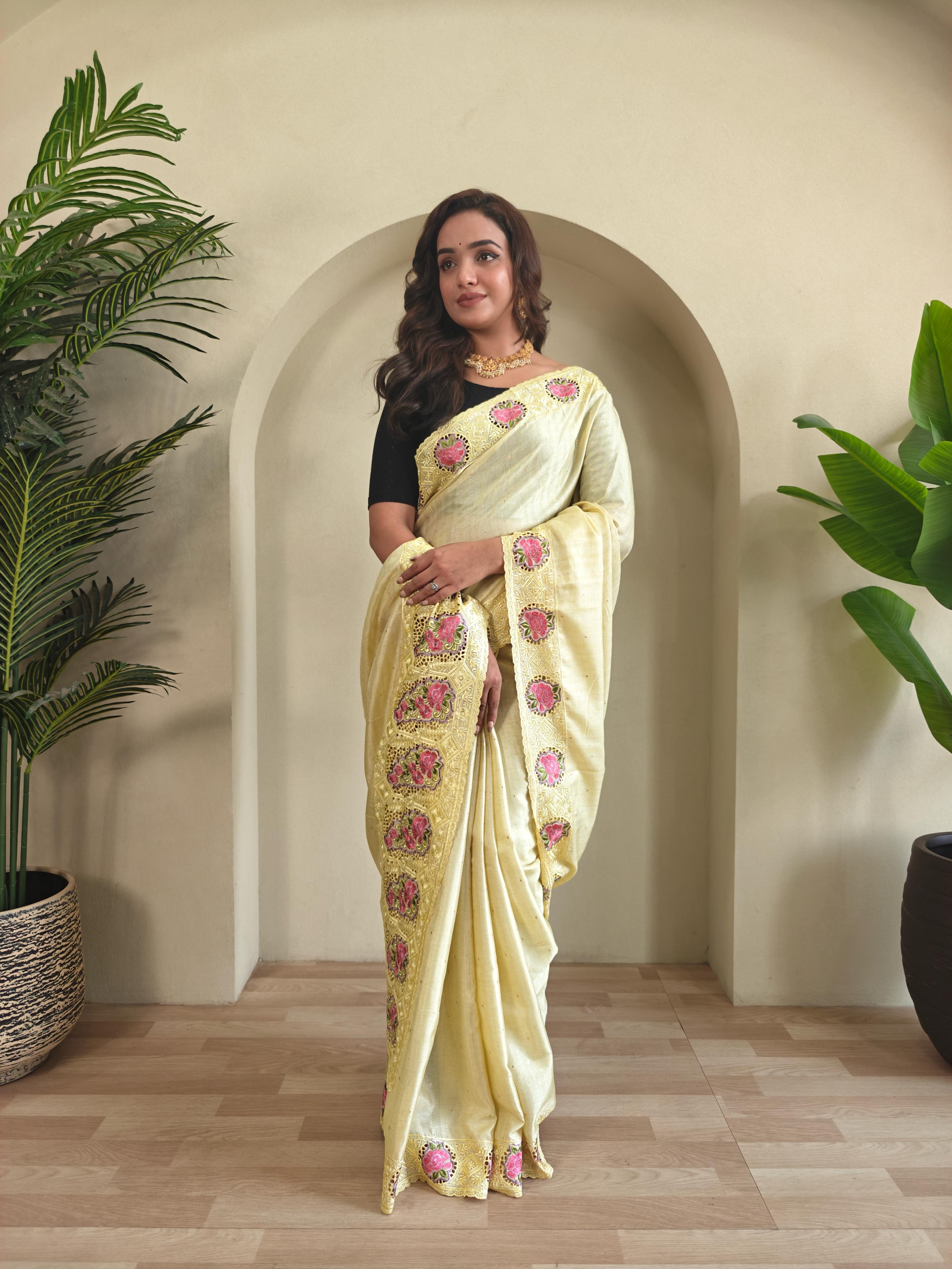 New Designer Soft Tussur Silk Lemon Yellow Saree With Super Fine Embroidered Pattern With Running Unstiched Blouse Piece