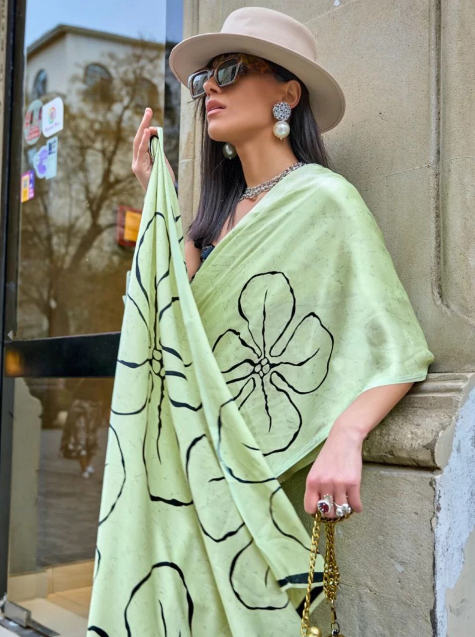 New Designer Party Wear Pastel Green Digital Printed Original Japan Satin Saree