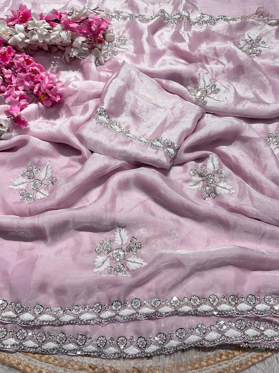 New Designer Fandy Sattin Saree With Brits Work - Pastel Pink