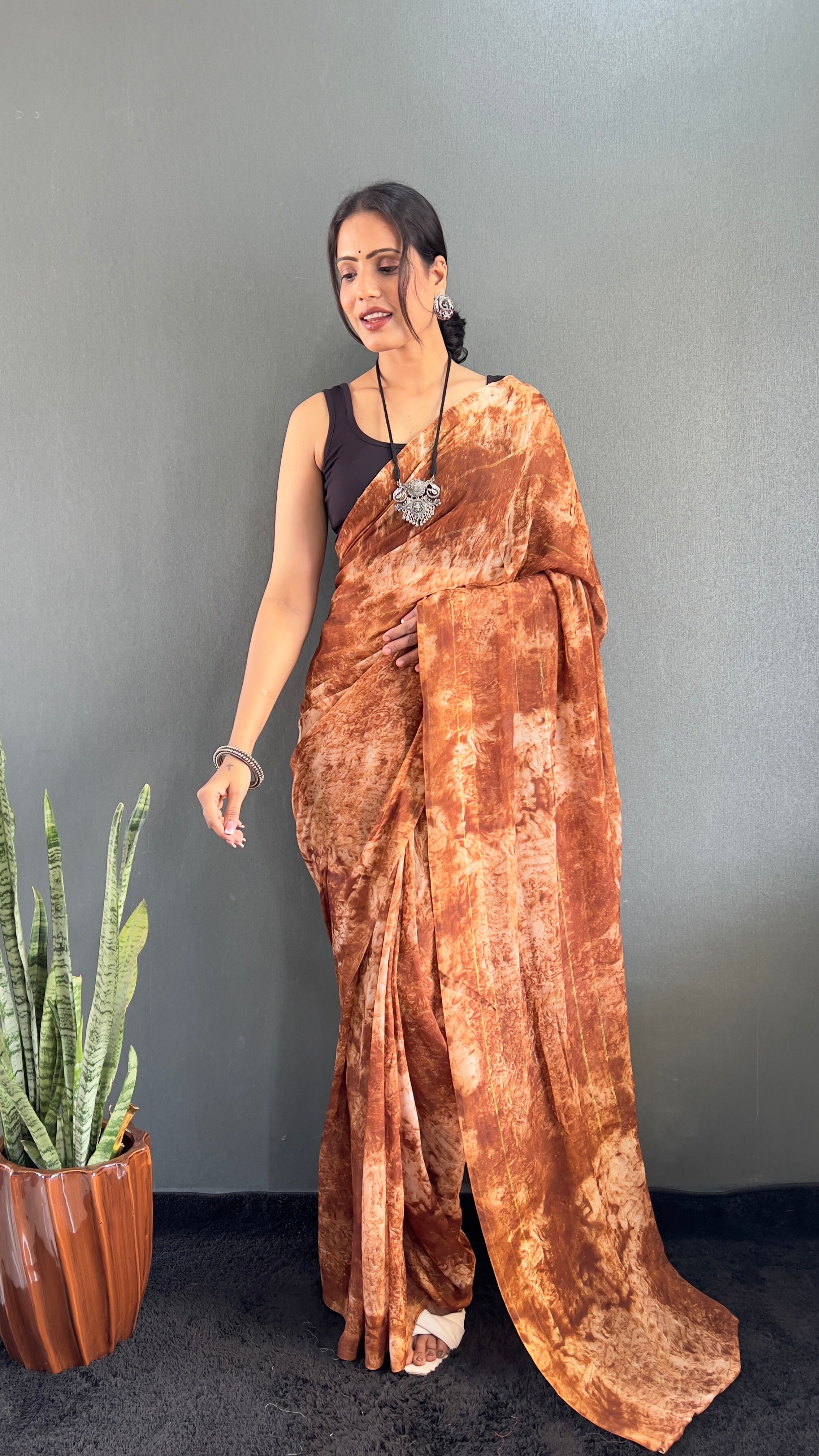 Adita One Minute Ready To Wear Brown Saree With Unstiched Blouse