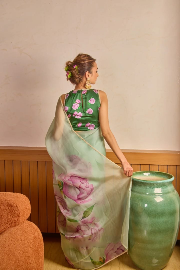 New One Minute Ready To Wear Soft Organza Silk Pastel Green Saree with Beautiful Hand Worked katdana And moti Work With Same Handworked Stiched Blouse