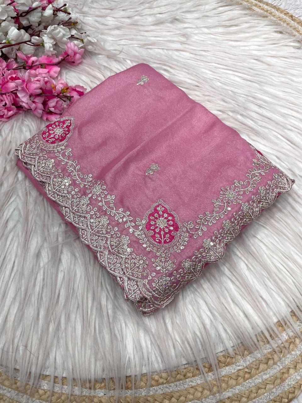 New Designer Blooming Chocolate Silk Saree With Multi Embroidery work - Pink