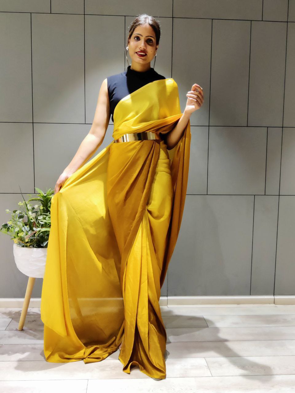 New One Minute Ready Wear Dual Yellow Tone Georgette Saree