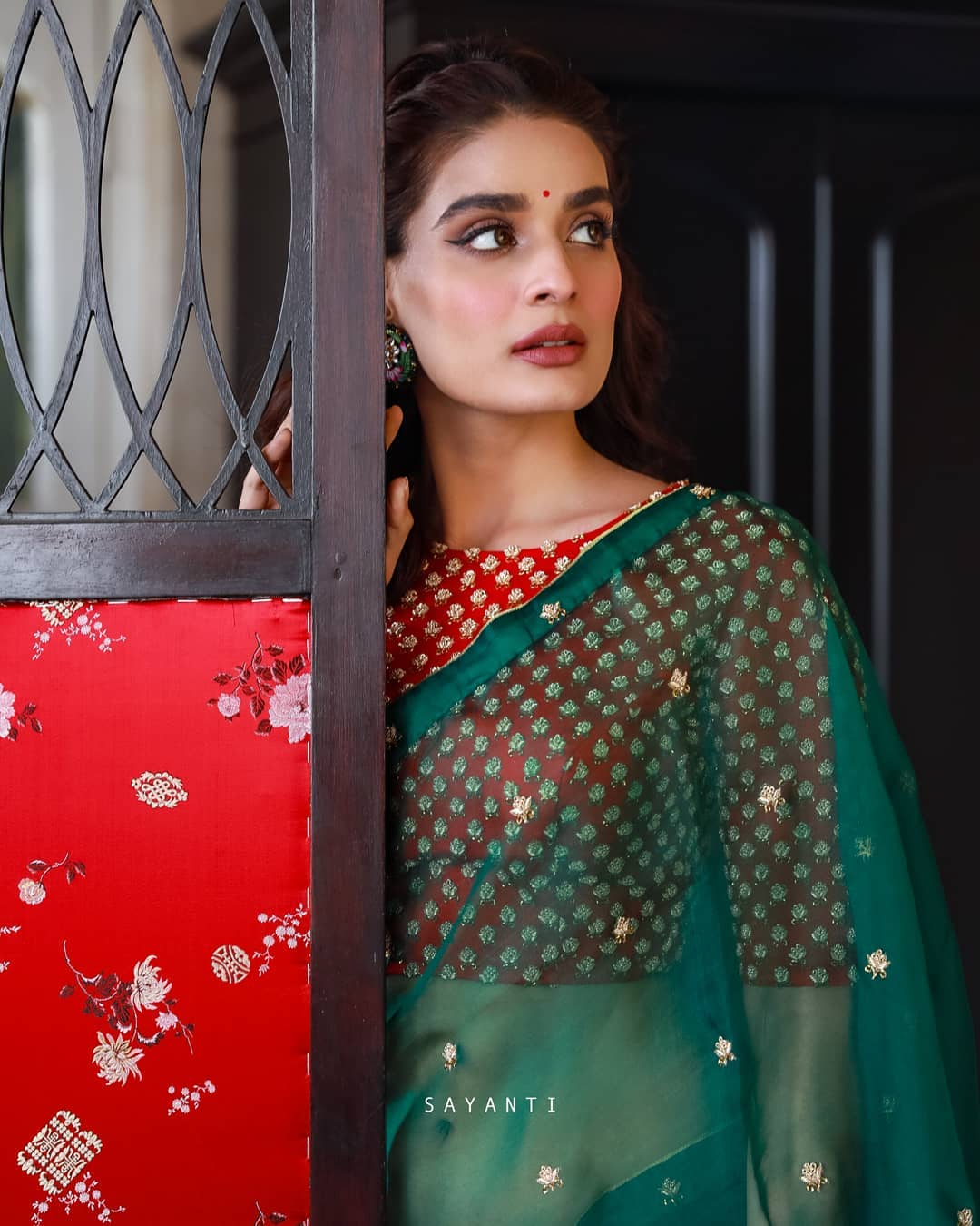 Beautiful Sequance Embroidery Work Elegant Essence Green and Red Saree with UnStitch Blouse