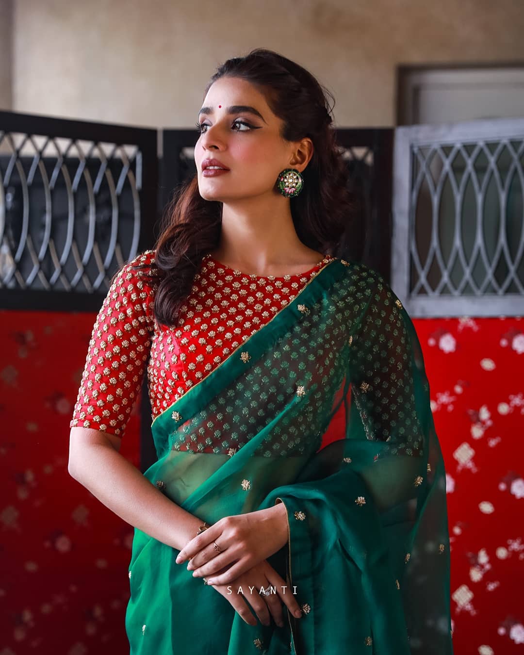 Beautiful Sequance Embroidery Work Elegant Essence Green and Red Saree with UnStitch Blouse