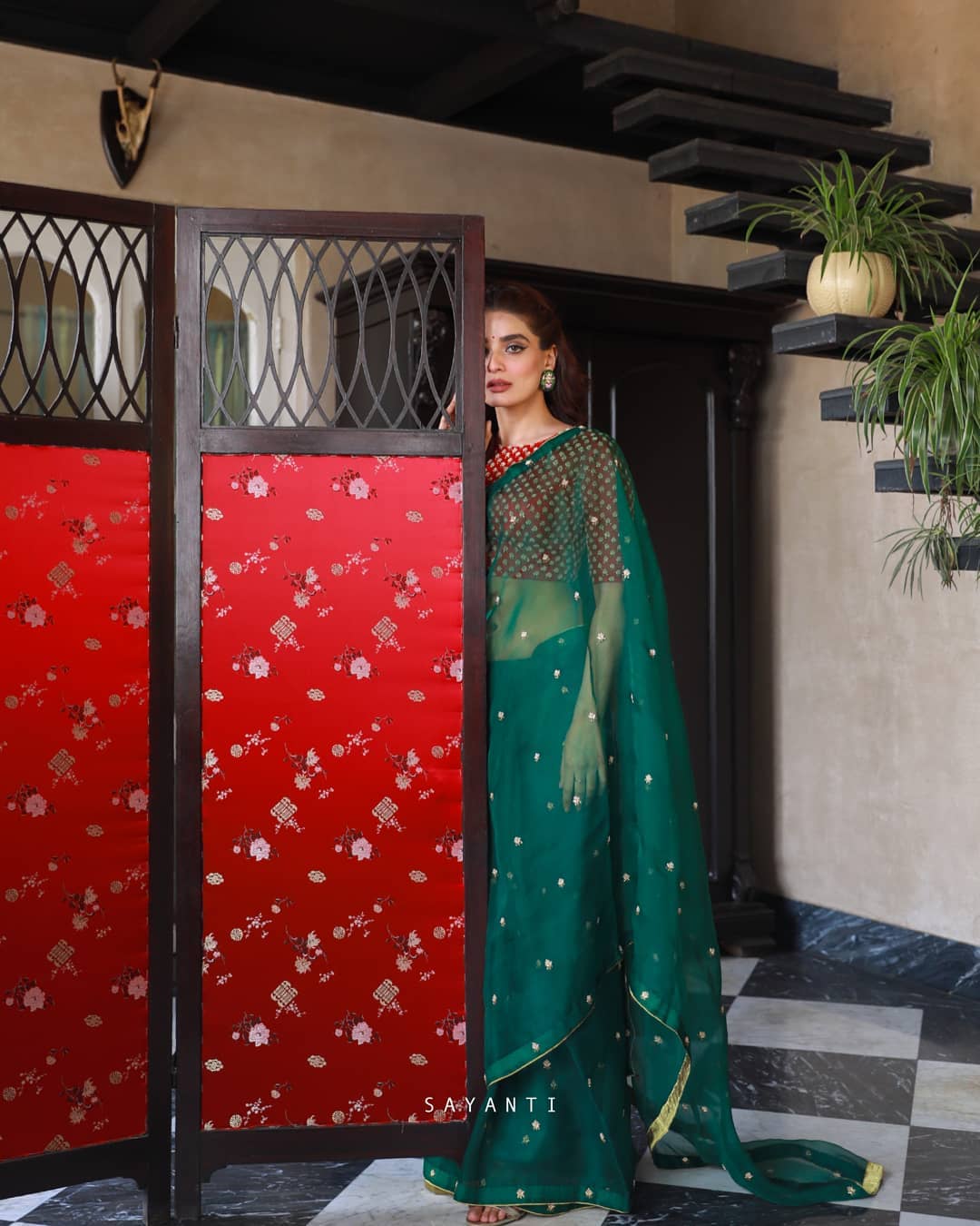 Beautiful Sequance Embroidery Work Elegant Essence Green and Red Saree with UnStitch Blouse