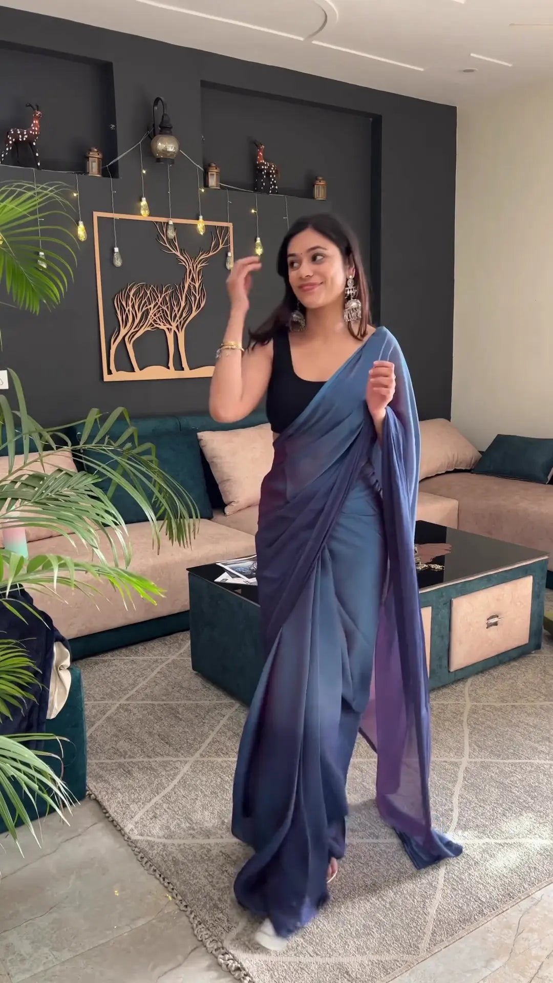 One Minute Ready to Wear New Looking Ocean blue Saree Divashree